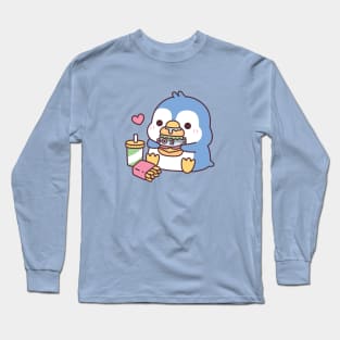 Cute Blue Penguin Eating Fish Burger Long Sleeve T-Shirt